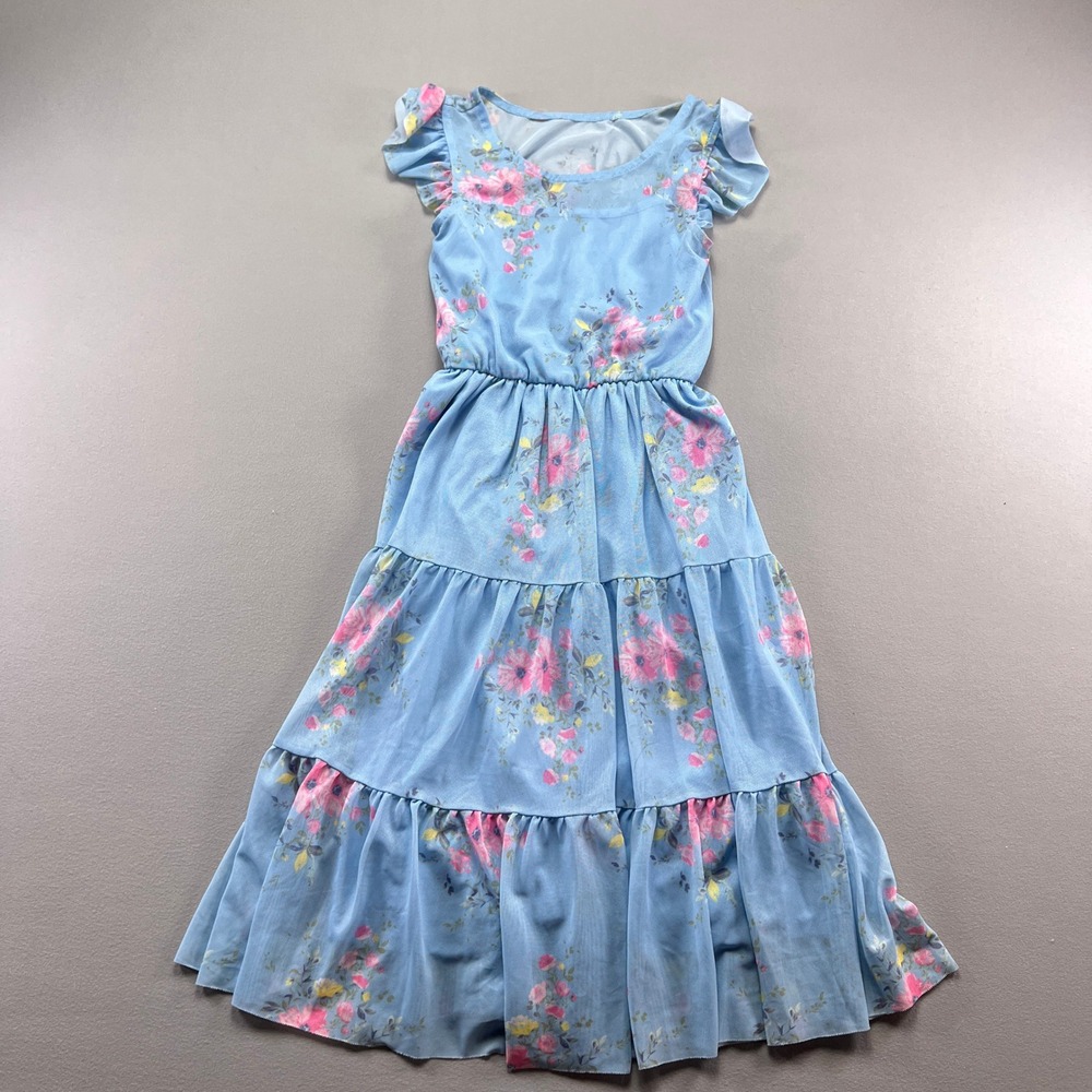 Lilt Tiered Maxi Dress Girl 7 Blue Floral Gathered Waist Flutter Sleeve Festival